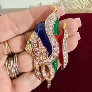 Vintage Gold Tone Enamel Rhinestone Brooch Colorful Abstract Statement Pin